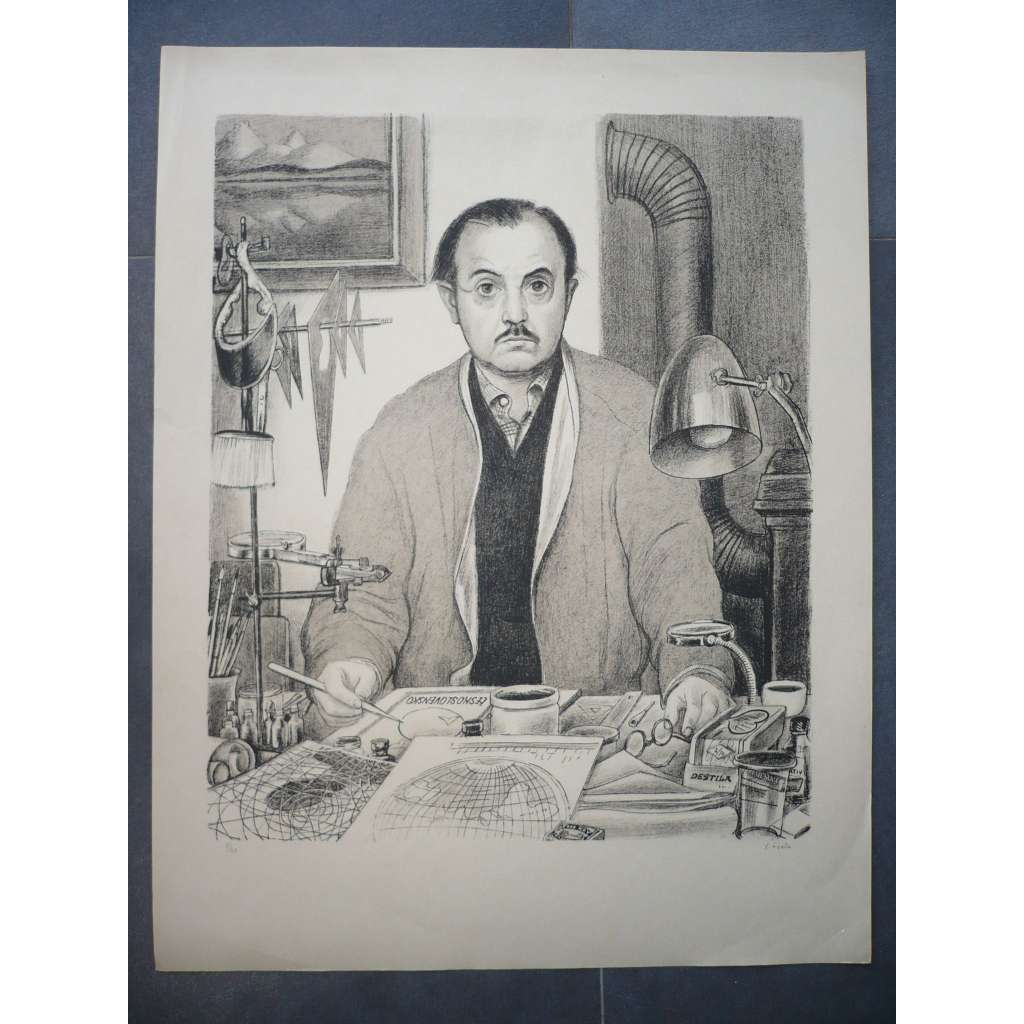 Václav Fiala (1896 - 1980) - Autoportrét v ateliéru - litografie, grafika, signováno