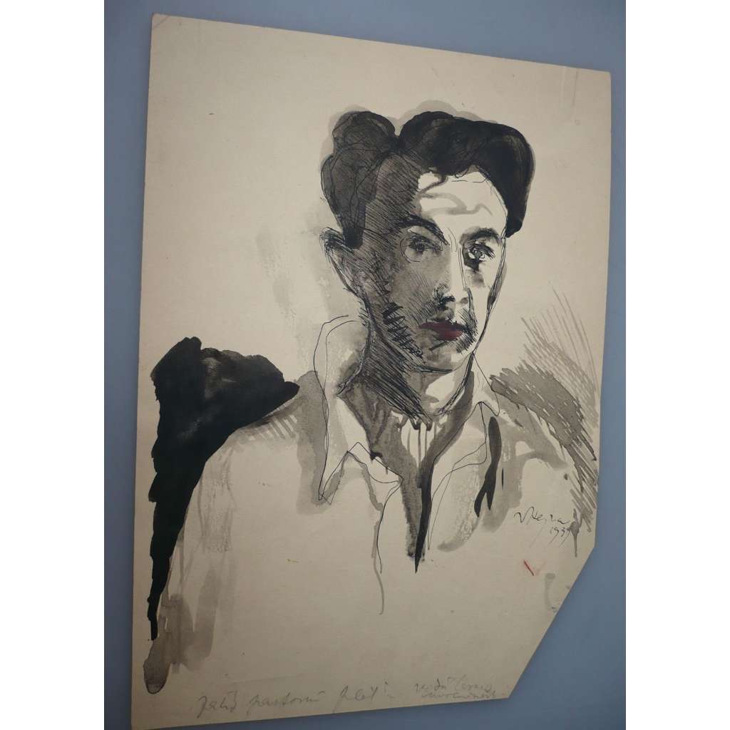 Václav Hejna (1914 - 1985) - Mladý muž - kresba perem a akvarel 1939, grafika, signováno