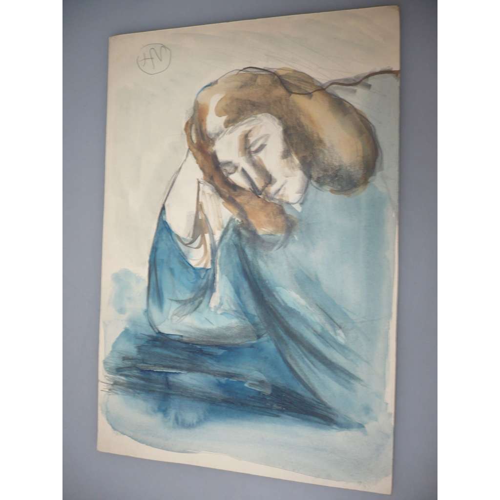 Václav Hejna (1914 - 1985) - Zamyšlený - akvarel, grafika, signováno