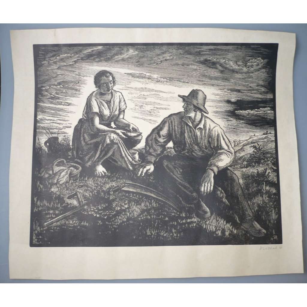 Rastislav Michl (1936) - Oběd na poli - dřevoryt 1927, grafika, signováno