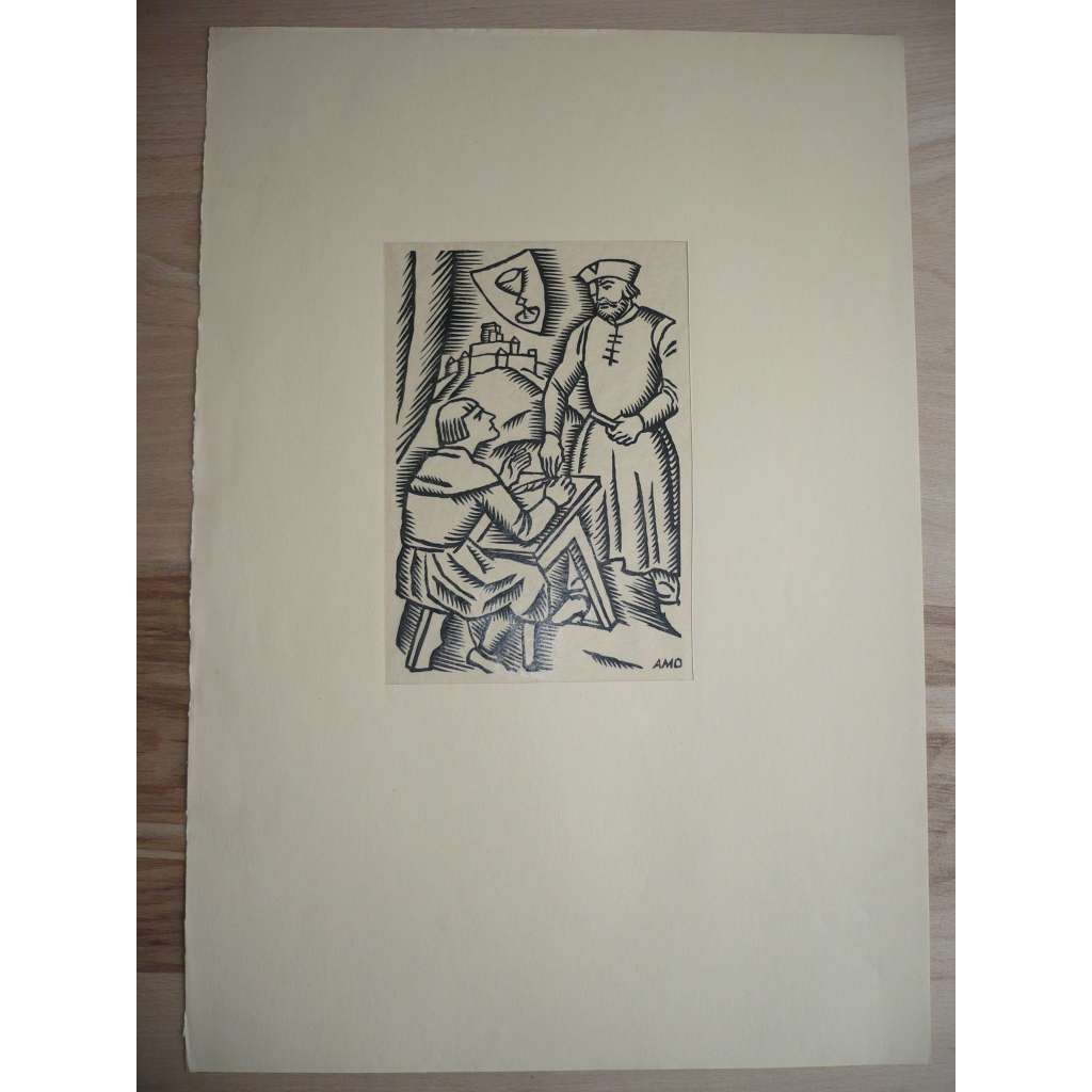 Alois Moravec (1899 - 1987) - Jan Žižka s písařem - dřevoryt, grafika, nesignováno