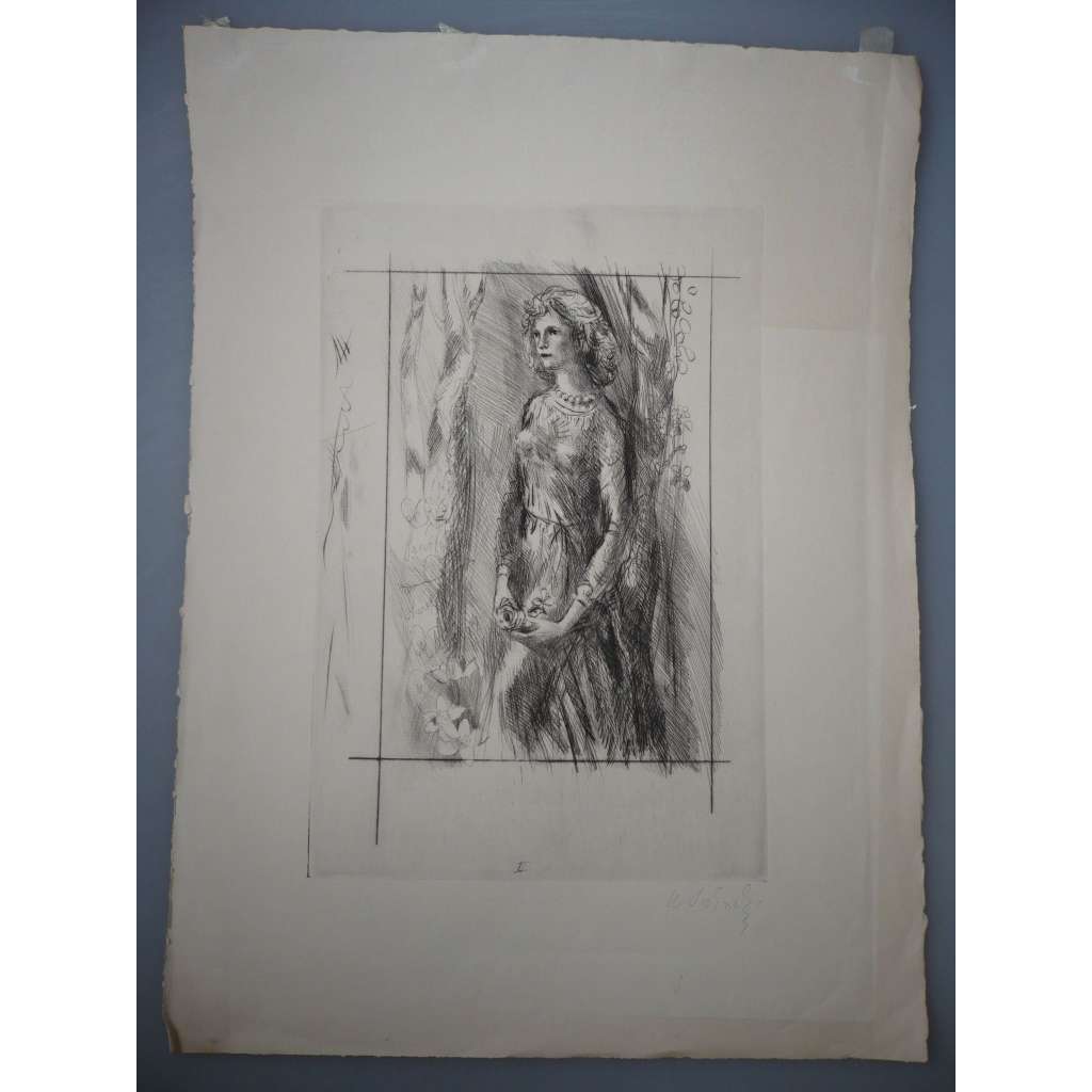 Karel Svolinský (1896 - 1986) - Dívka s růží - lept a suchá jehla, grafika, signováno