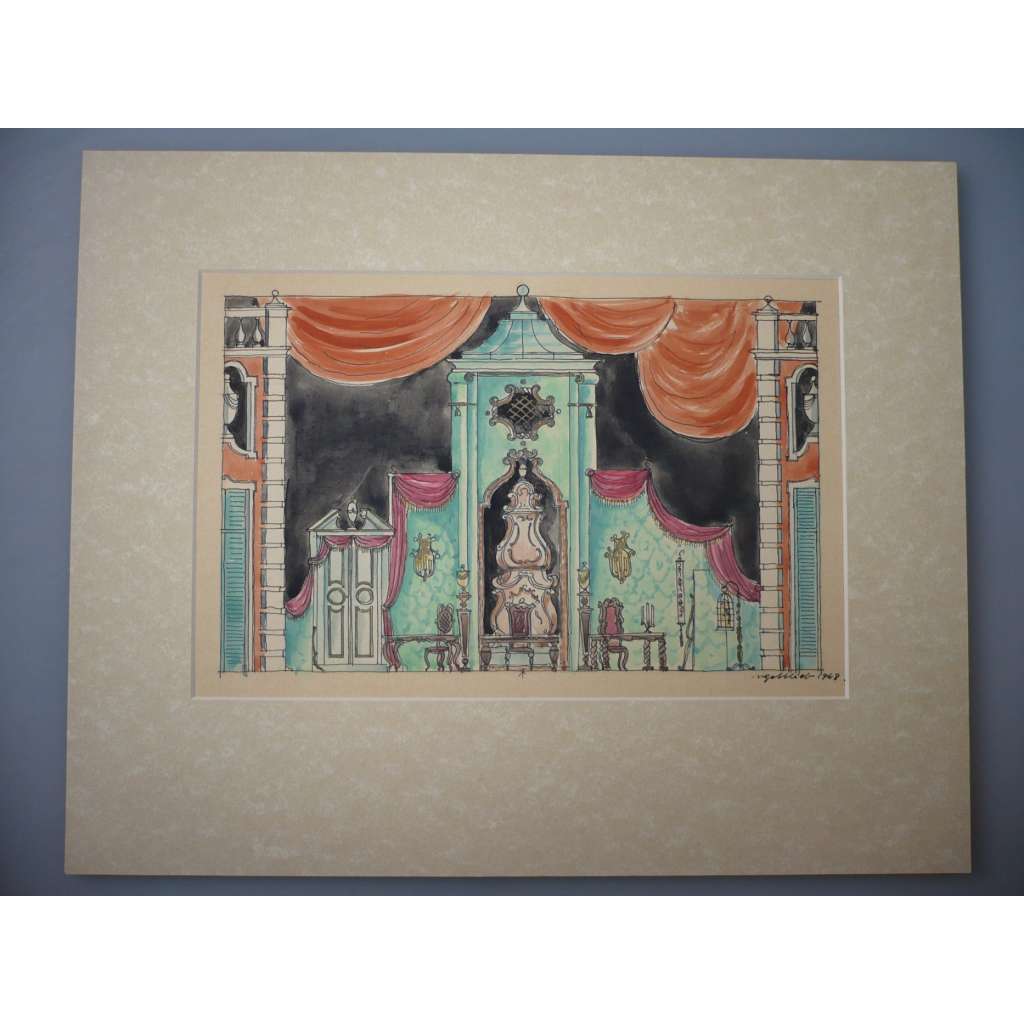 Josef Matěj Gottlieb (1884 - 1967) - Scénický návrh - akvarel 1948, grafika, signováno