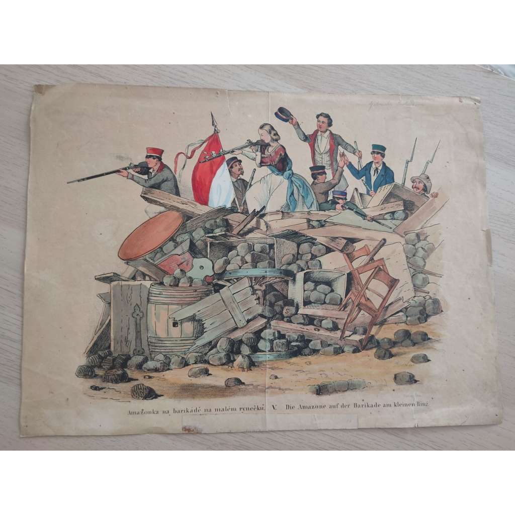 Bedřich Anděl podle Františka Roscitera - Amazonka na barikádě (1848) - kolorovaná litografie, grafika, nesignováno