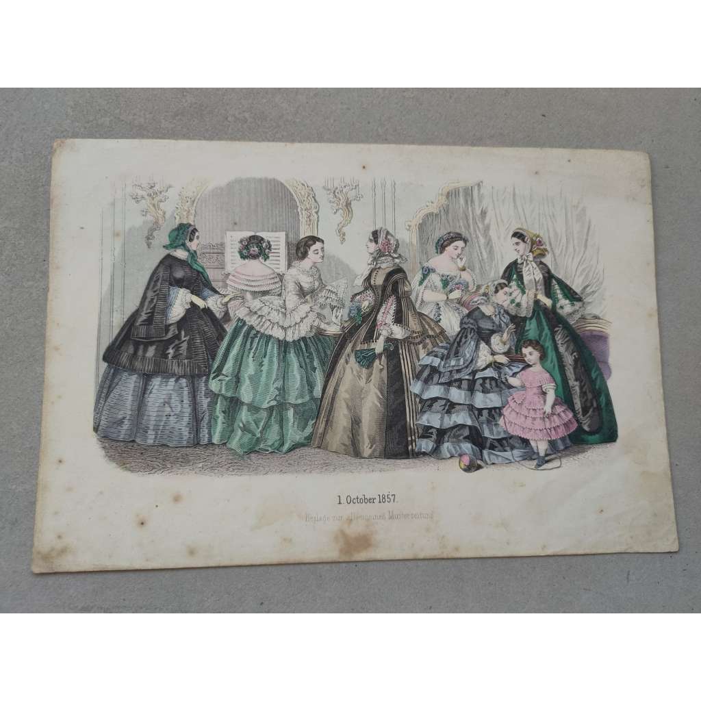 Biedermeier - Móda 1857- kolorovaná litografie, grafika, nesignováno
