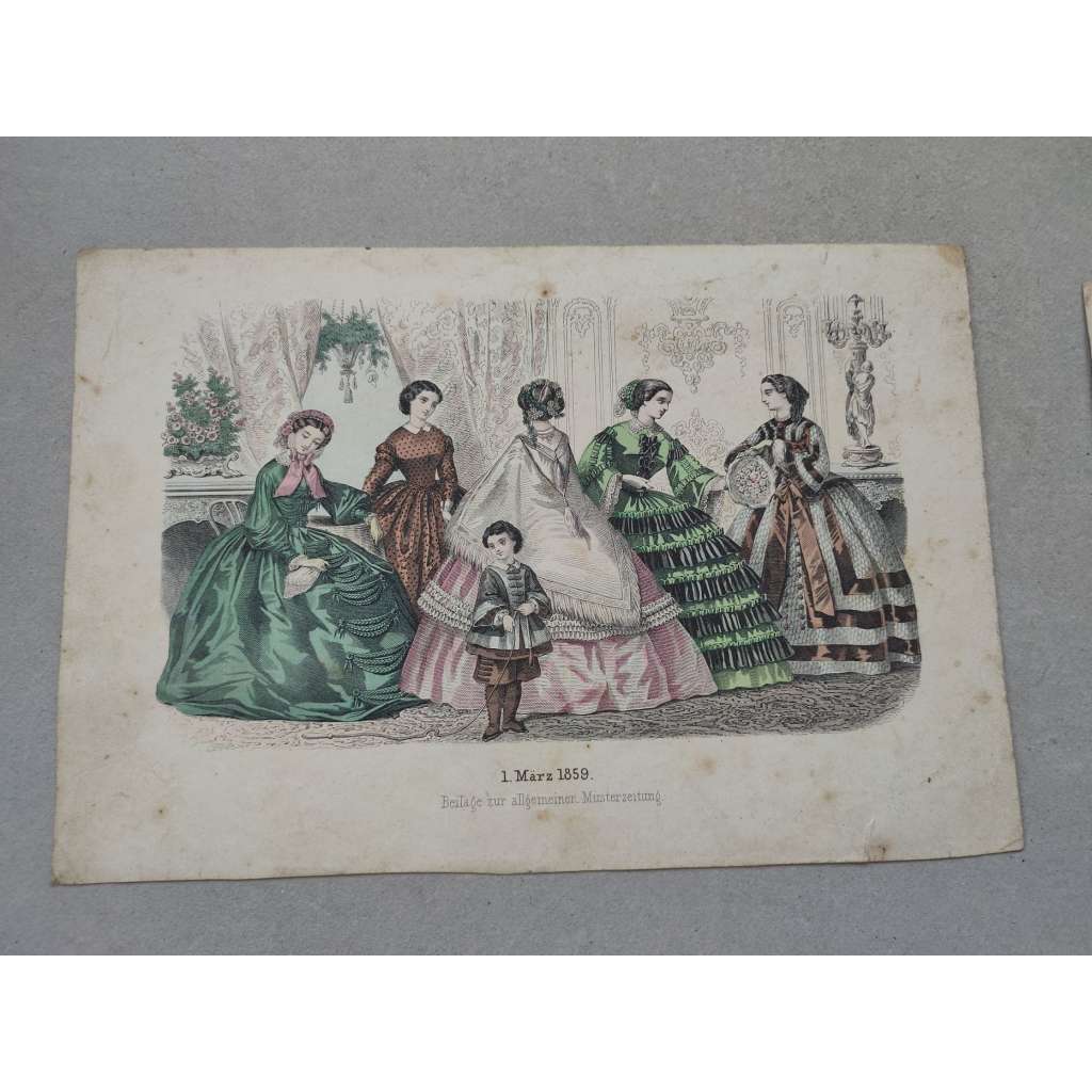 Biedermeier - Móda 1859 - kolorovaná litografie, grafika, nesignováno