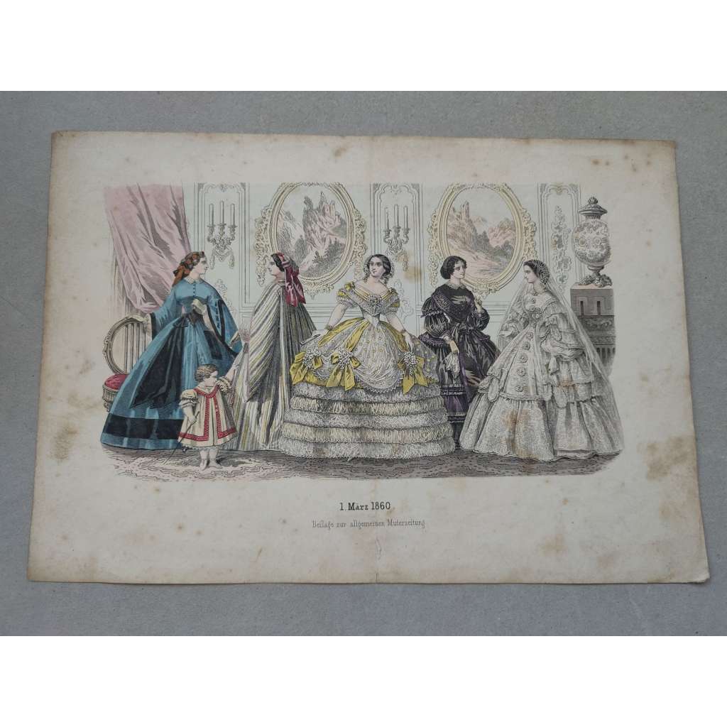 Biedermeier - Móda ženy, děti 1860 - kolorovaná litografie, grafika, nesignováno