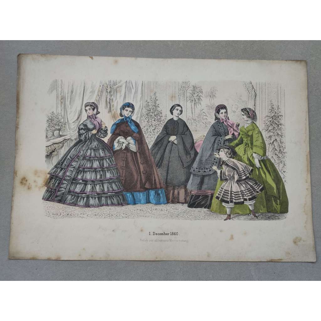 Biedermeier - Móda ženy, děti 1860- kolorovaná litografie, grafika, nesignováno