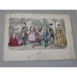 Biedermeier - Móda ženy, muži, děti 1861 - kolorovaná litografie, grafika, nesignováno