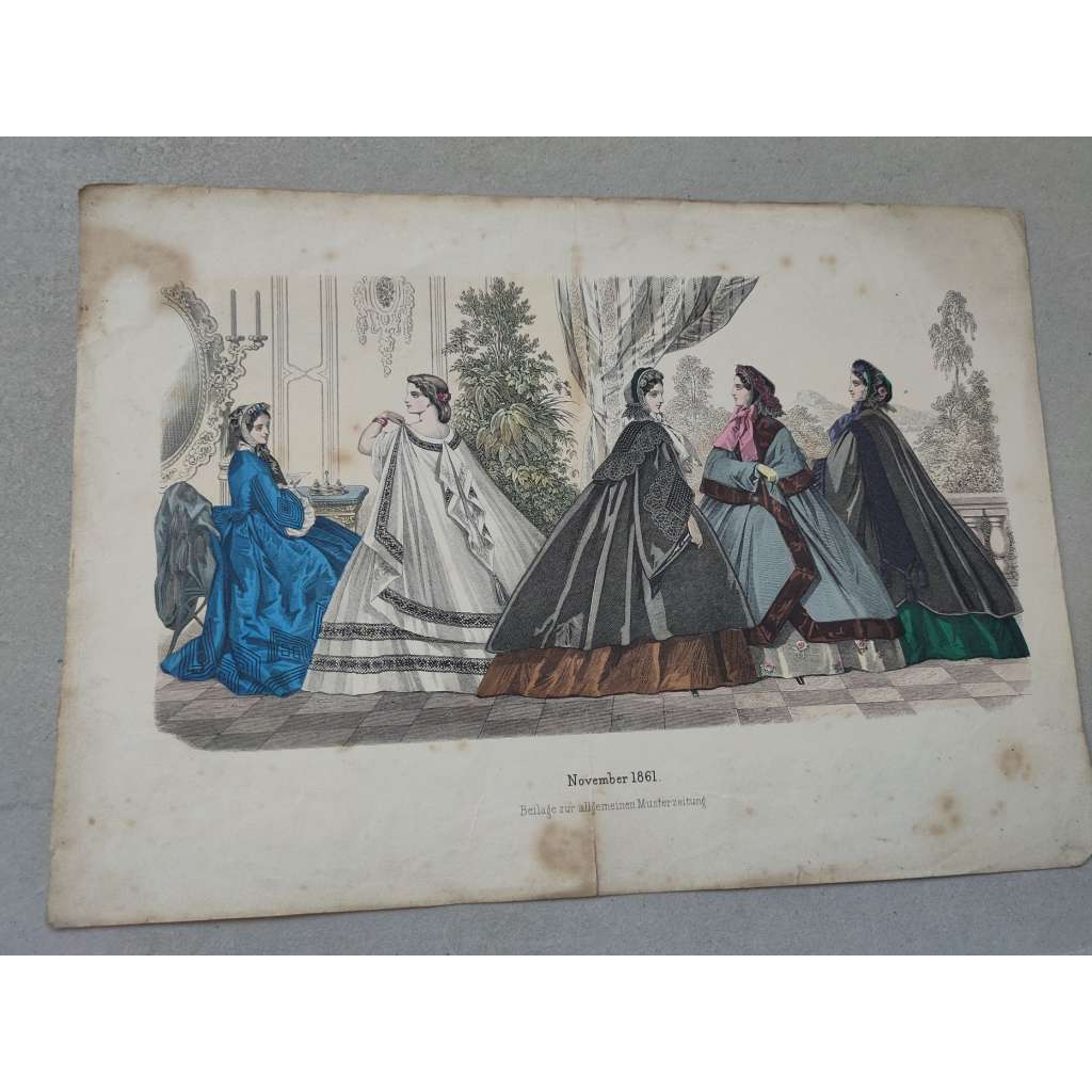 Biedermeier - Móda ženy 1861 - kolorovaná litografie, grafika, nesignováno