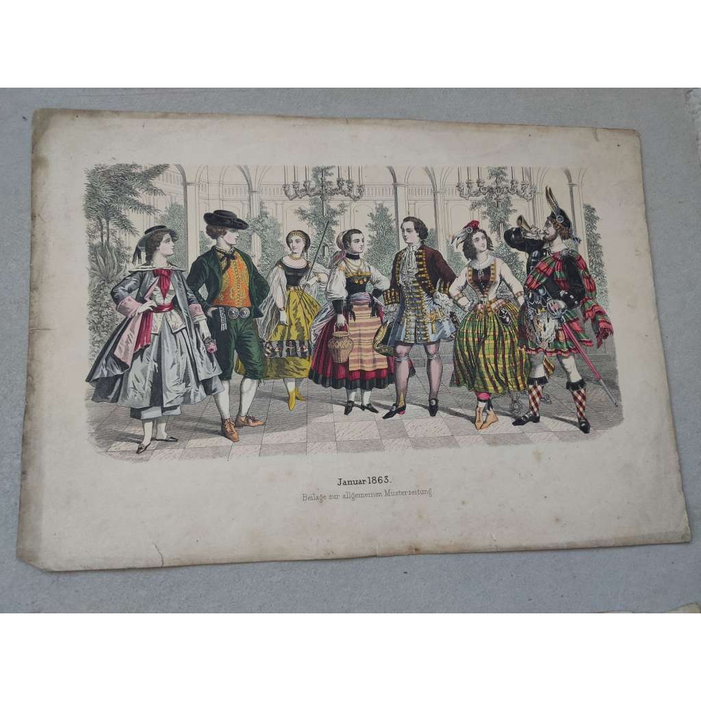 Biedermeier - Móda ženy, muži 1863 - kolorovaná litografie, grafika, nesignováno