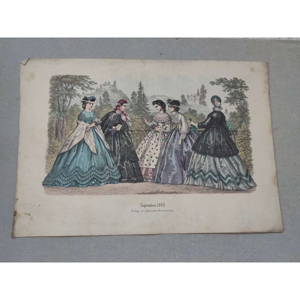Biedermeier - Móda ženy 1863 - kolorovaná litografie, grafika, nesignováno