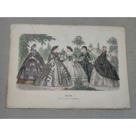 Biedermeier - Móda ženy 1861 - kolorovaná litografie, grafika, nesignováno
