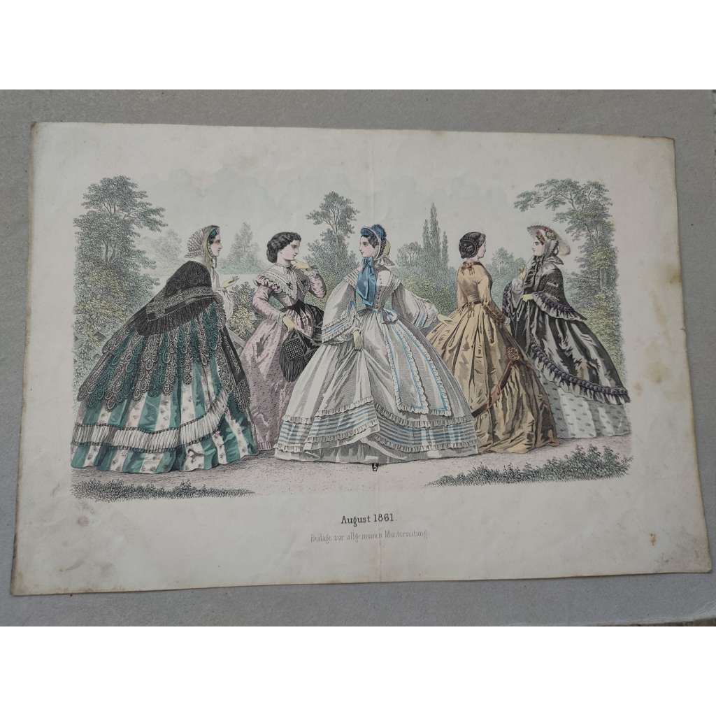 Biedermeier - Móda ženy 1861- kolorovaná litografie, grafika, nesignováno
