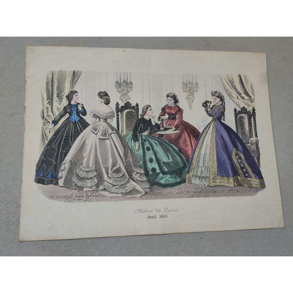 Biedermeier - Móda ženy 1865 - kolorovaná litografie, grafika, nesignováno