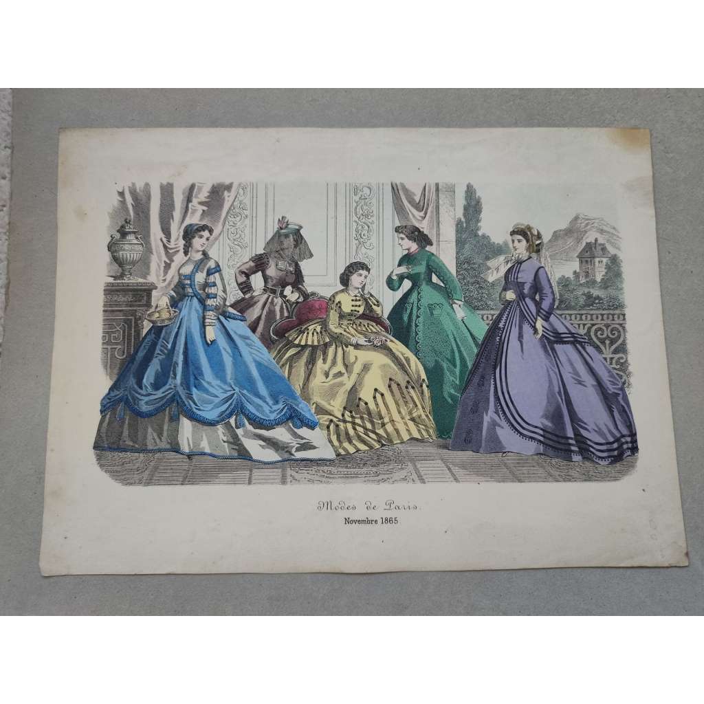Biedermeier - Móda ženy, Paříž 1865 - kolorovaná litografie, grafika, nesignováno