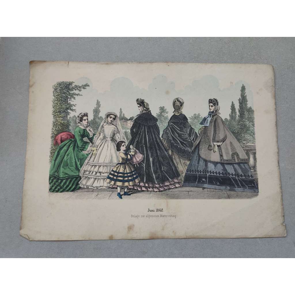 Biedermeier - Móda ženy, děti 1862 - kolorovaná litografie, grafika, nesignováno