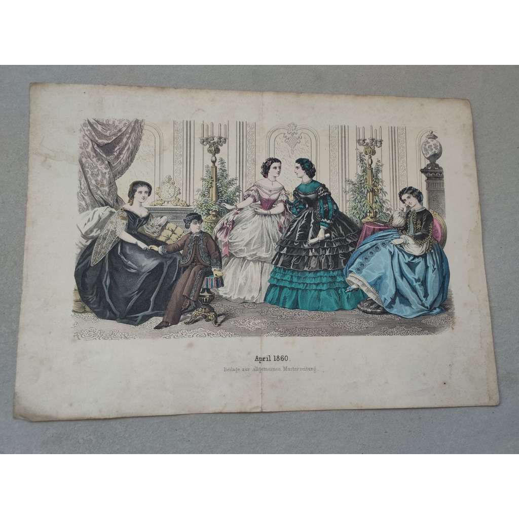 Biedermeier - Móda ženy 1860 - kolorovaná litografie, grafika, nesignováno