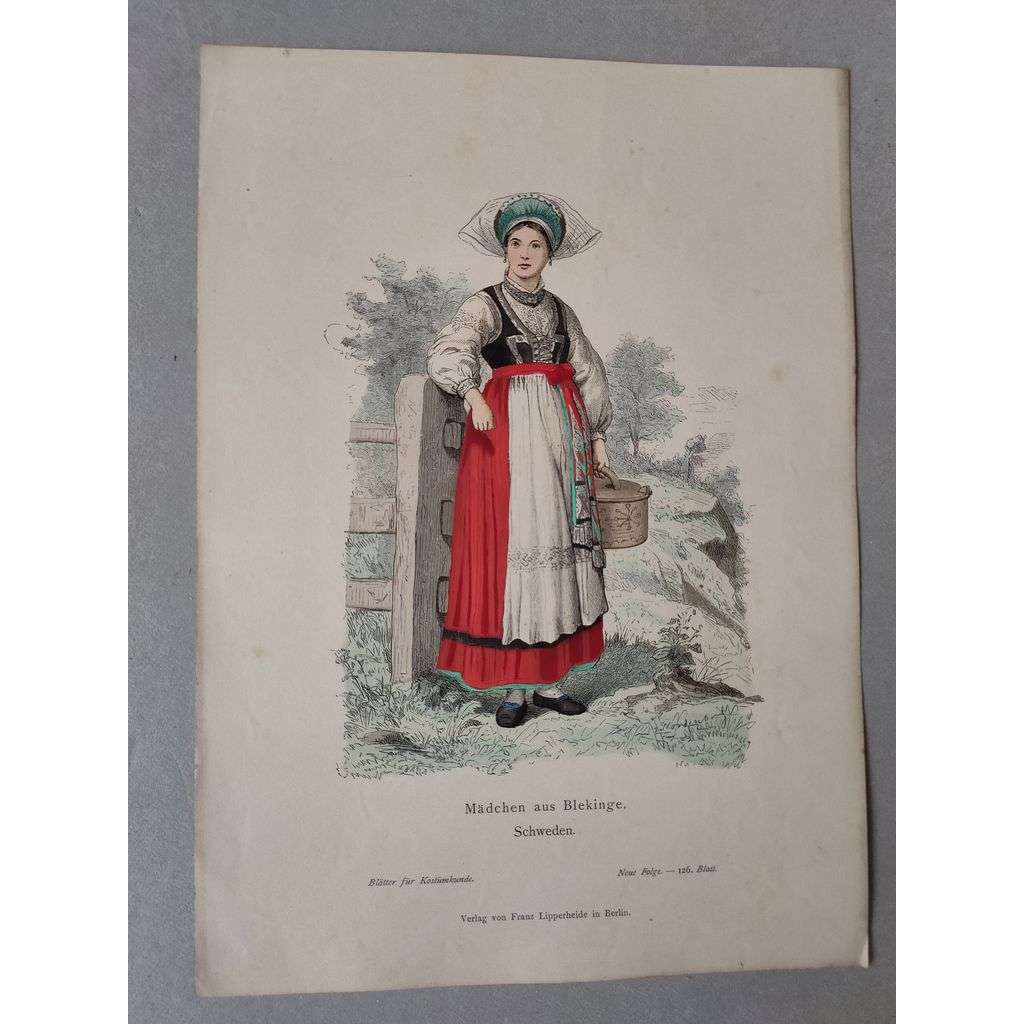 Dívka z Blekinge, Švédsko - kroje, móda, národopis - kolorovaná litografie cca 1880, grafika, nesignováno