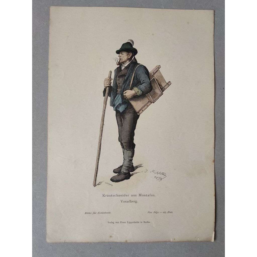 Krouhač zelí z Montafunu, Německo - kroje, móda, národopis - kolorovaná litografie cca 1880, grafika, nesignováno