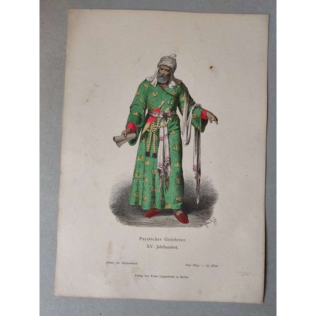 Perský učenec 15. století - kroje, móda, národopis - kolorovaná litografie cca 1880, grafika, nesignováno