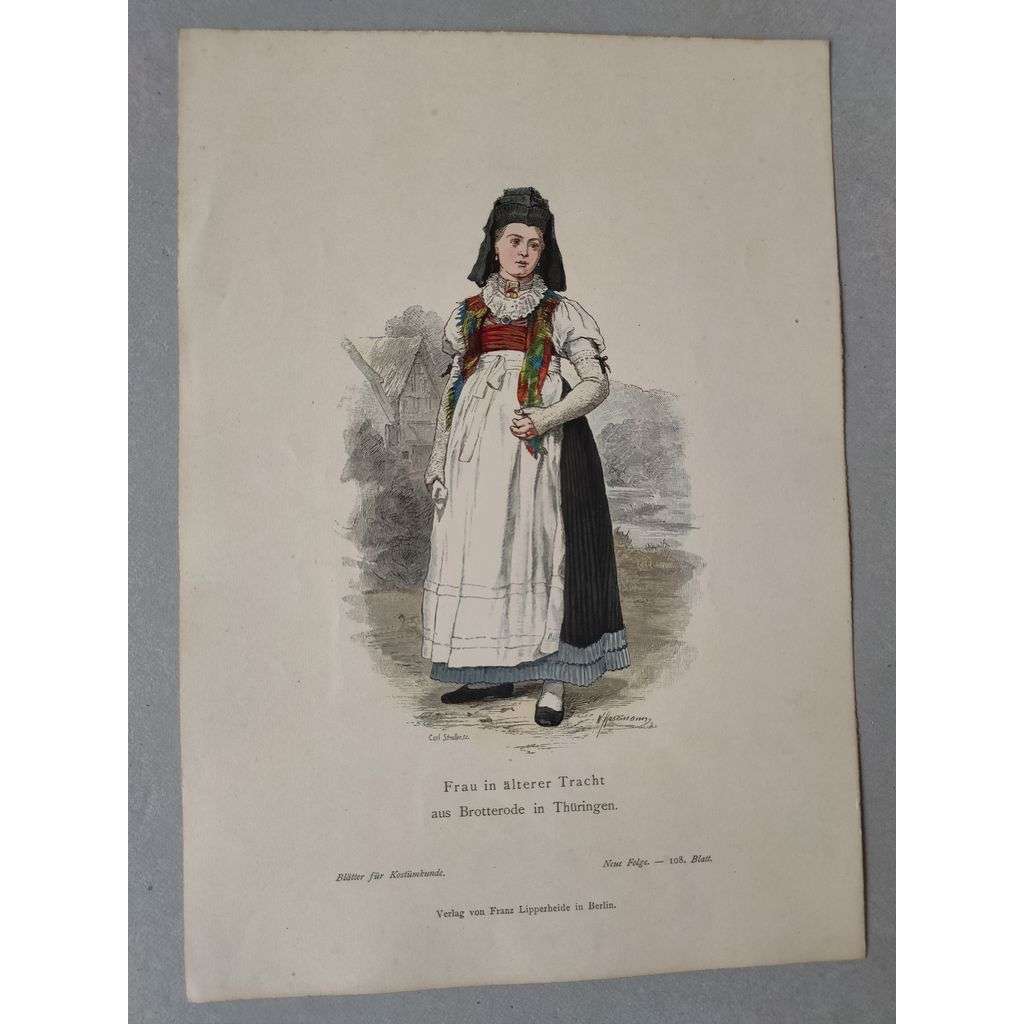 žena v kroji - Duryňsko, Německo - kroje, móda, národopis - kolorovaná litografie cca 1880, grafika, nesignováno