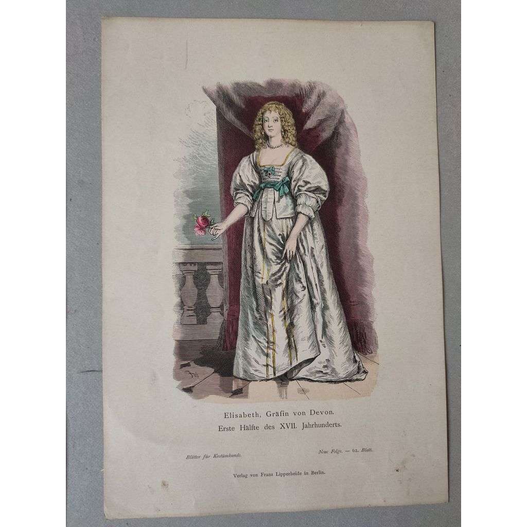 Elizabeth, hraběnka z Devonu, Anglie, 1. pol. 17. století - kroje, móda, národopis - kolorovaná litografie cca 1880, grafika, nesignováno