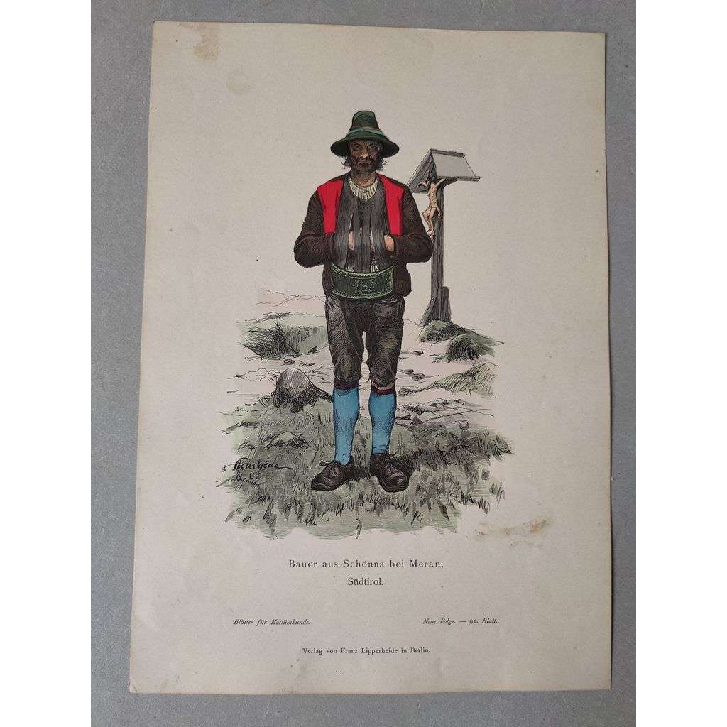 Farmář ze Schonny u Meranu, Jižní Tyrolsko, Itálie - kroje, móda, národopis - kolorovaná litografie cca 1880, grafika, nesignováno