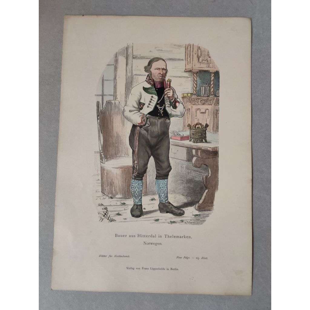 Farmář Hitterdalu v Thelemarken, Norsko - kroje, móda, národopis - kolorovaná litografie cca 1880, grafika, nesignováno