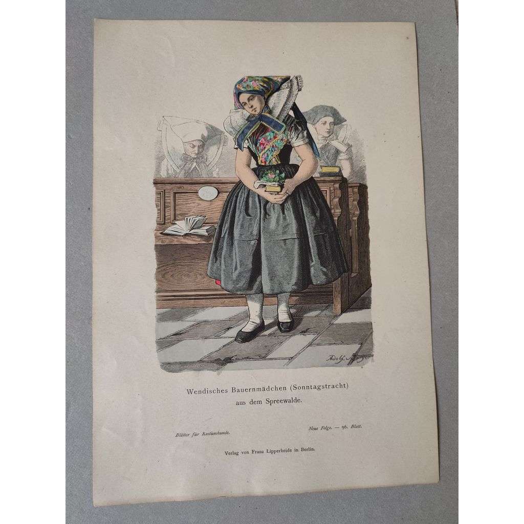 Wendská mladá farmářka ve slavnostním kroji, Spreewald, Německo - kroje, móda, národopis - kolorovaná litografie cca 1880, grafika, nesignováno