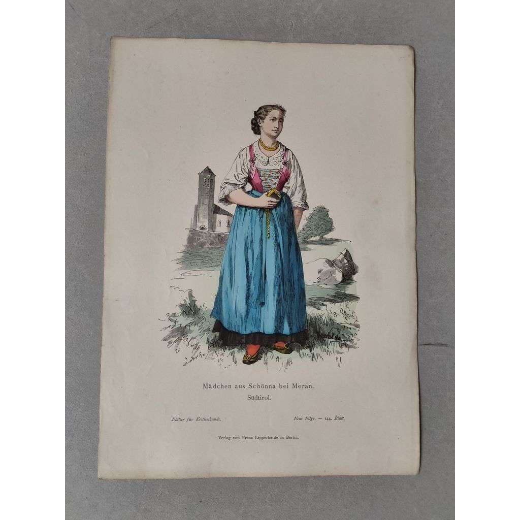 Dívka ze Schonny u Merana, Tyroly - kroje, móda, národopis - kolorovaná litografie cca 1880, grafika, nesignováno