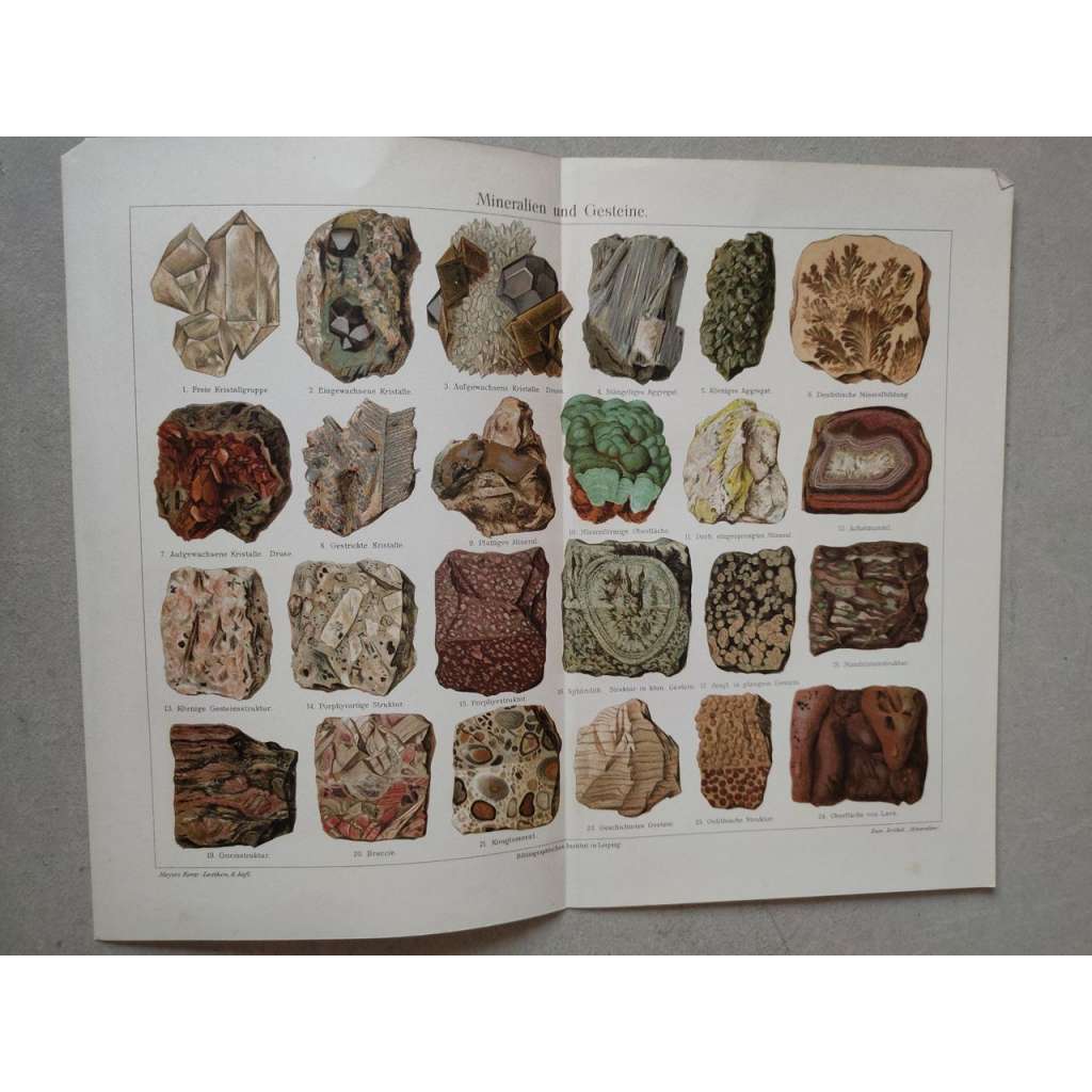 Minerály, horniny, krystal - chromolitografie cca 1880, grafika, nesignováno