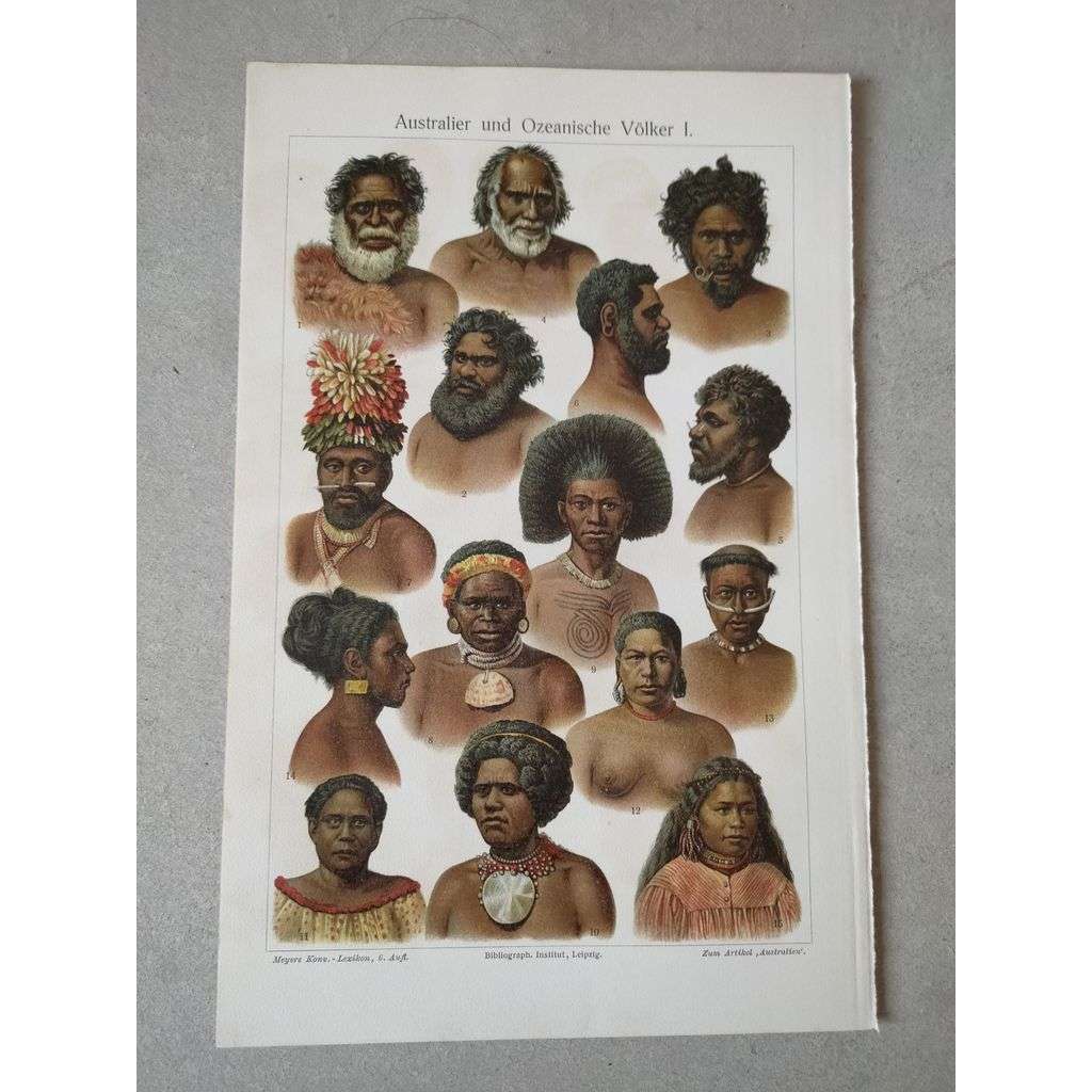 Australská oceánská kultura, Austrálie a Oceánie, domorodci, národy - chromolitografie cca 1880, grafika, nesignováno