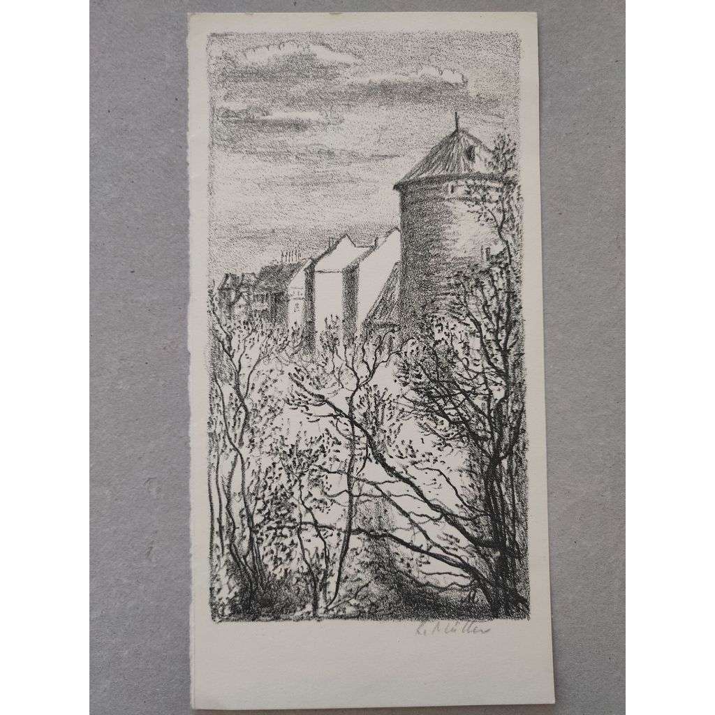 Karel Müller (1899 - 1977) - Praha, věž Daliborka - litografie, grafika, signováno