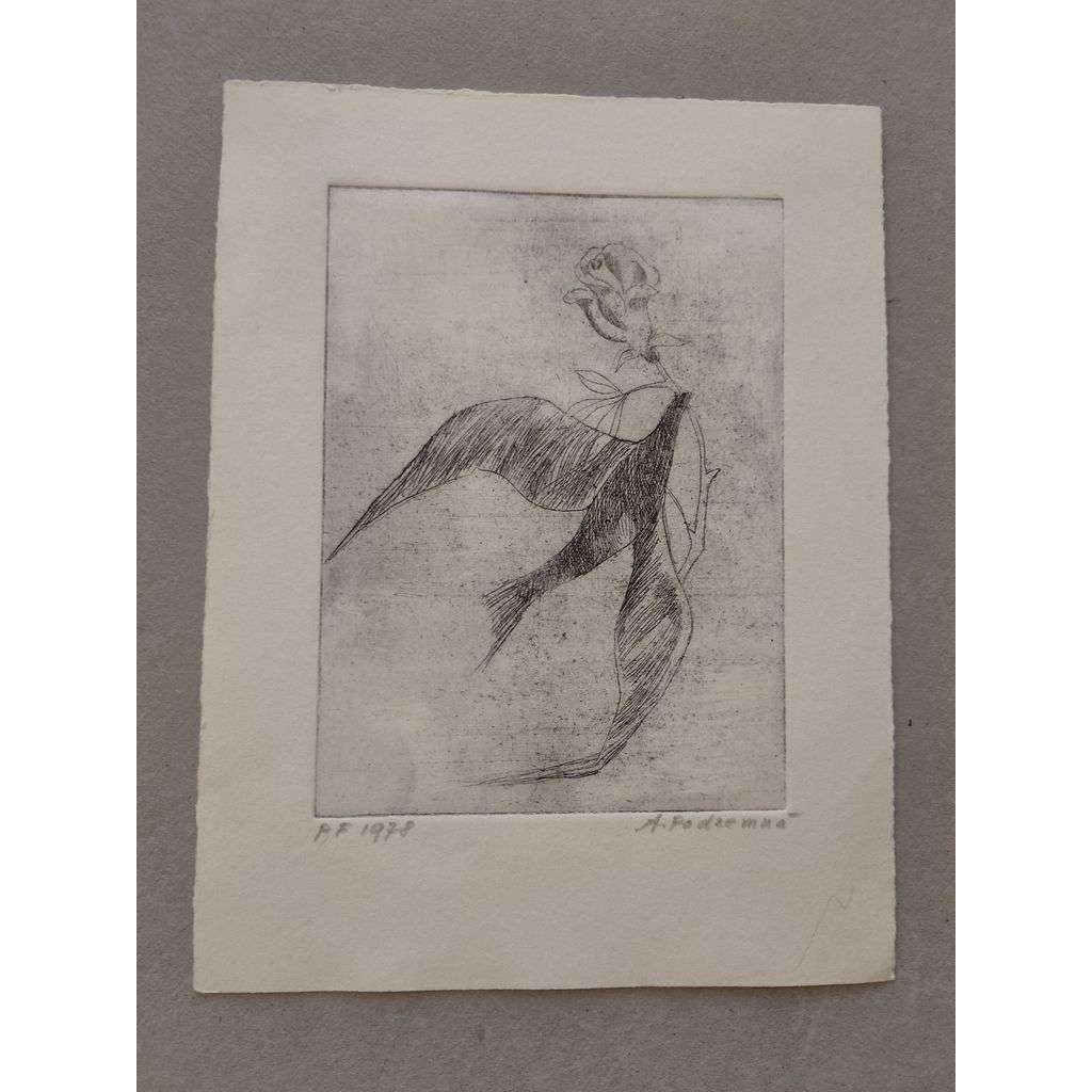 Anna Podzemná (1909 - 1996) - Pták a růže - suchá jehla 1978, grafika, signováno