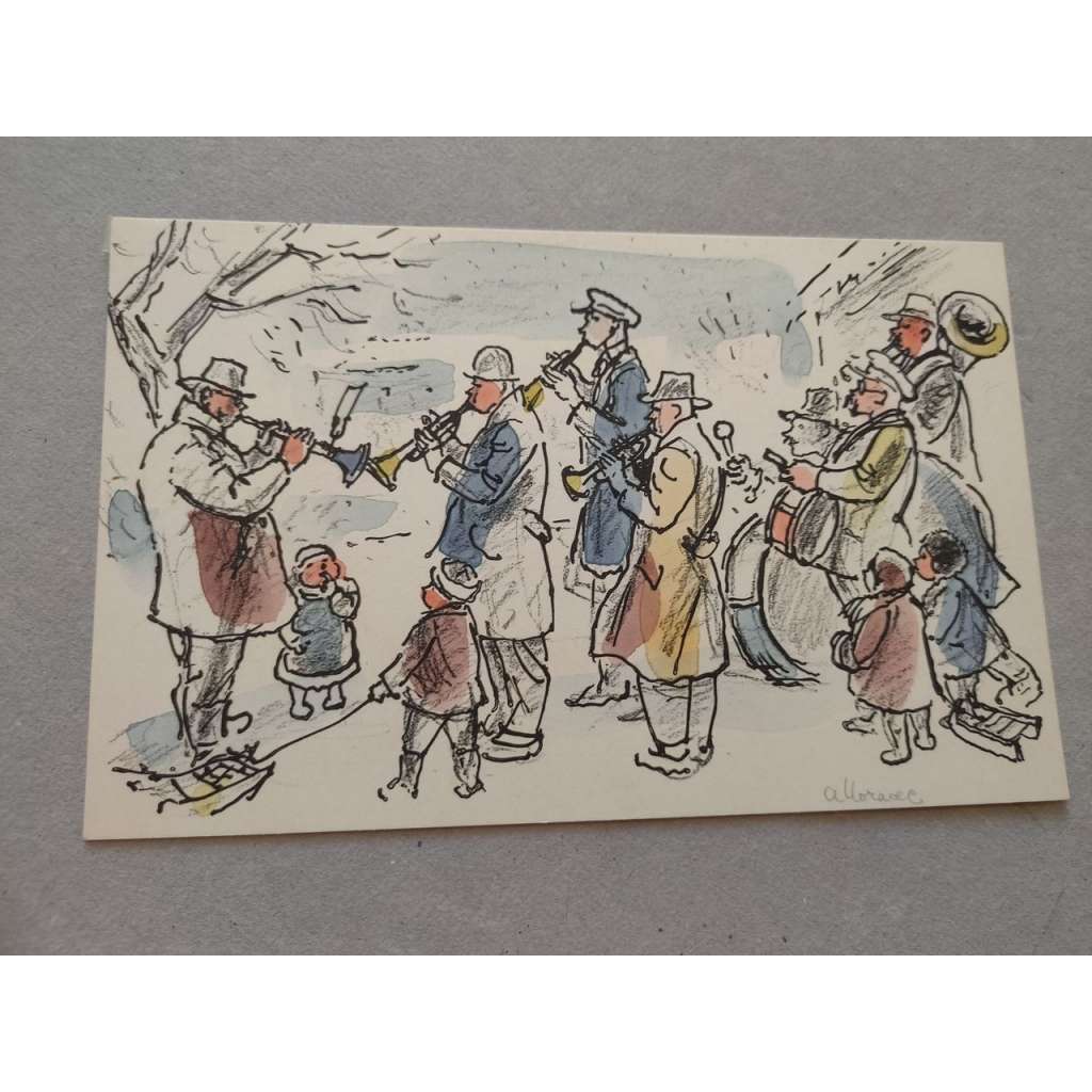 Alois Moravec (189 - 1987) - Vesnická hudba - kolorovaná litografie, grafika, signováno
