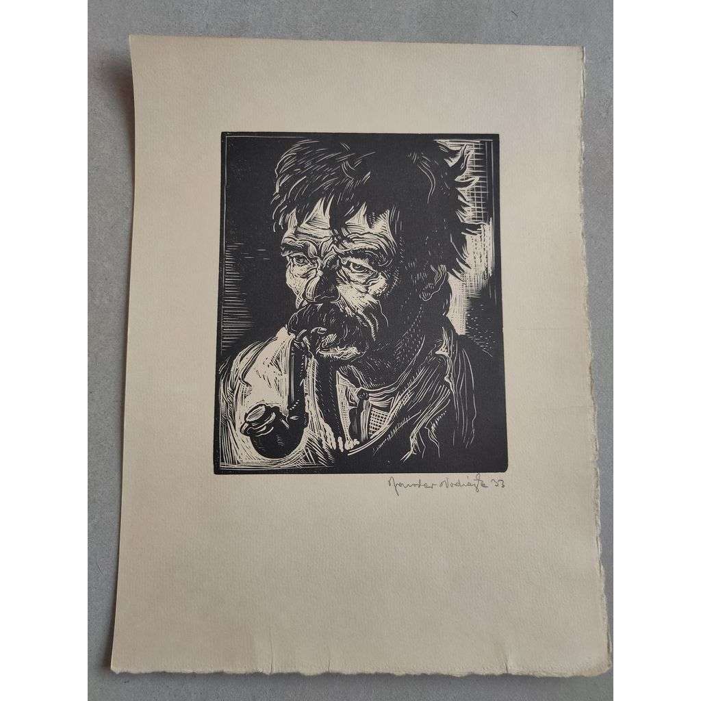 Jaroslav Vodrážka (1894 - 1984) - Muž s dýmkou - dřevoryt 1933, grafika, signováno