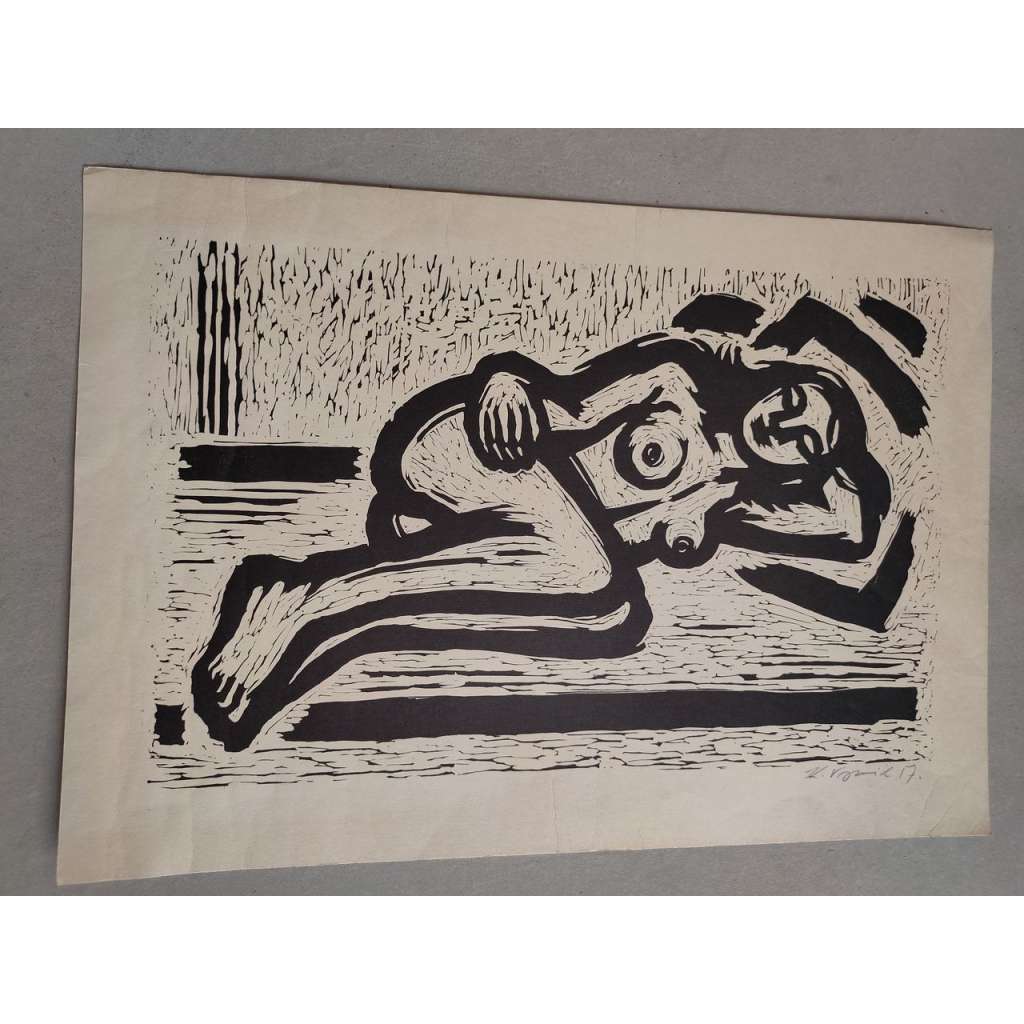 Karel Vysušil (1926 - 2014) - Ležící akt - linoryt 1957, grafika, signováno