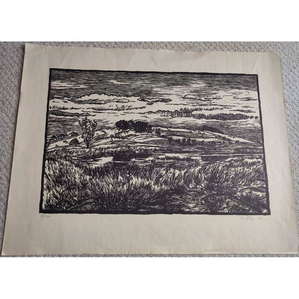 Karel Štika (1898 - 1975) - Smutná krajina - dřevoryt 1960, grafika, signováno
