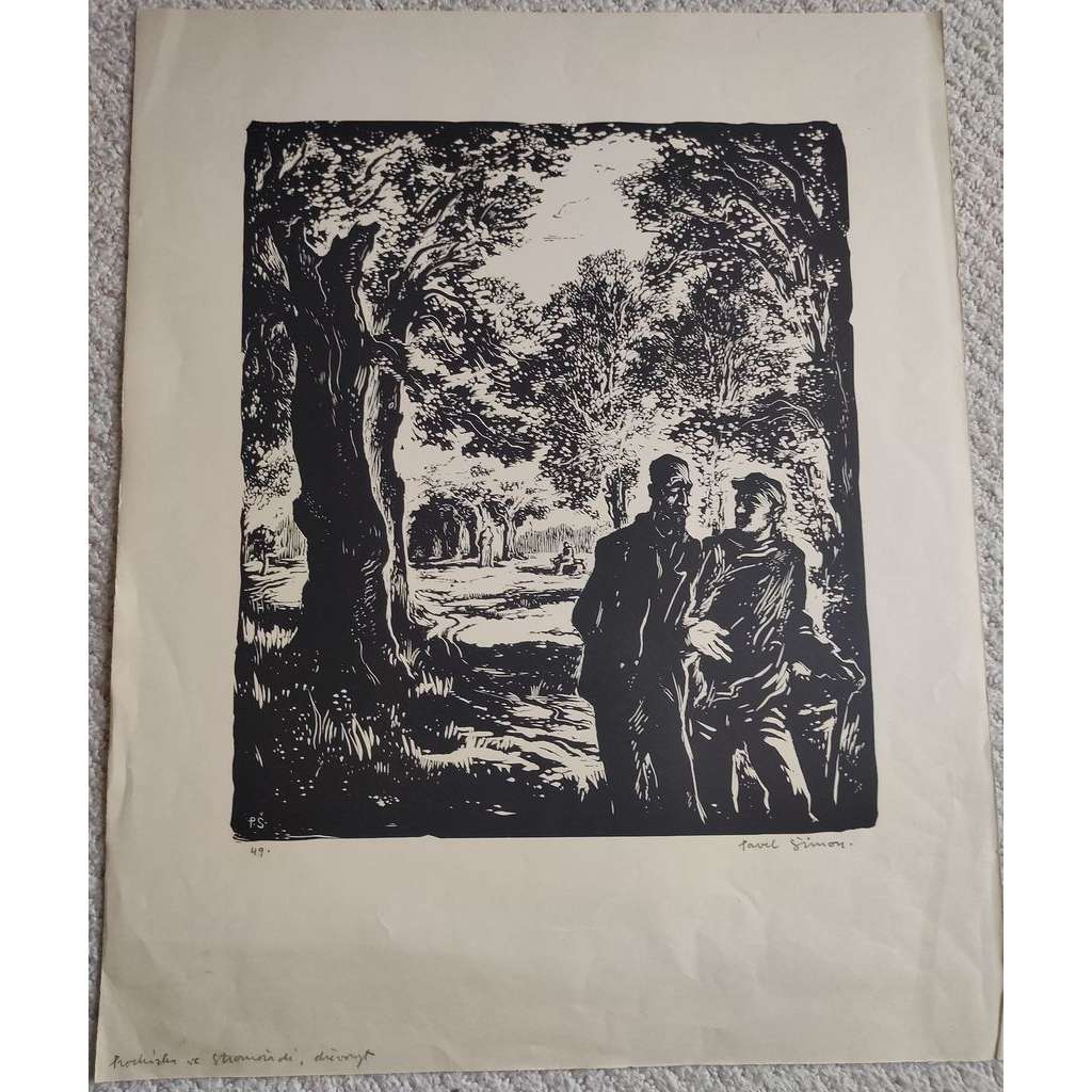 Pavel Šimon (1920 - 1958) - Procházka v parku - dřevoryt, grafika, signováno