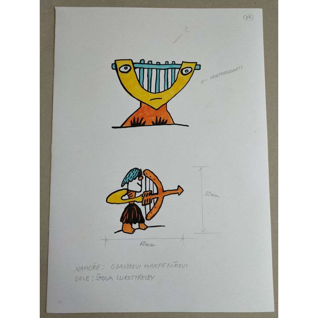 Petr Poš (1944 - 2015) - O Davidovi Harfeníkovi; Škola lukostřelby - barevná kresba, fixa, grafika, nesignováno