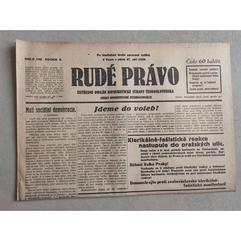 Rudé právo (27.9.1929; ročník X.) - 1. republika, staré noviny
