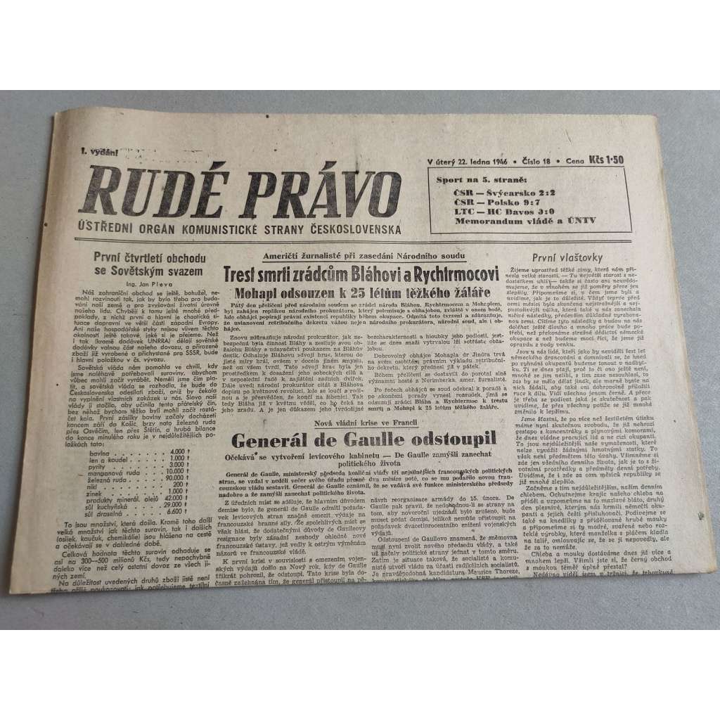 Rudé právo (22.1.1946) - staré noviny