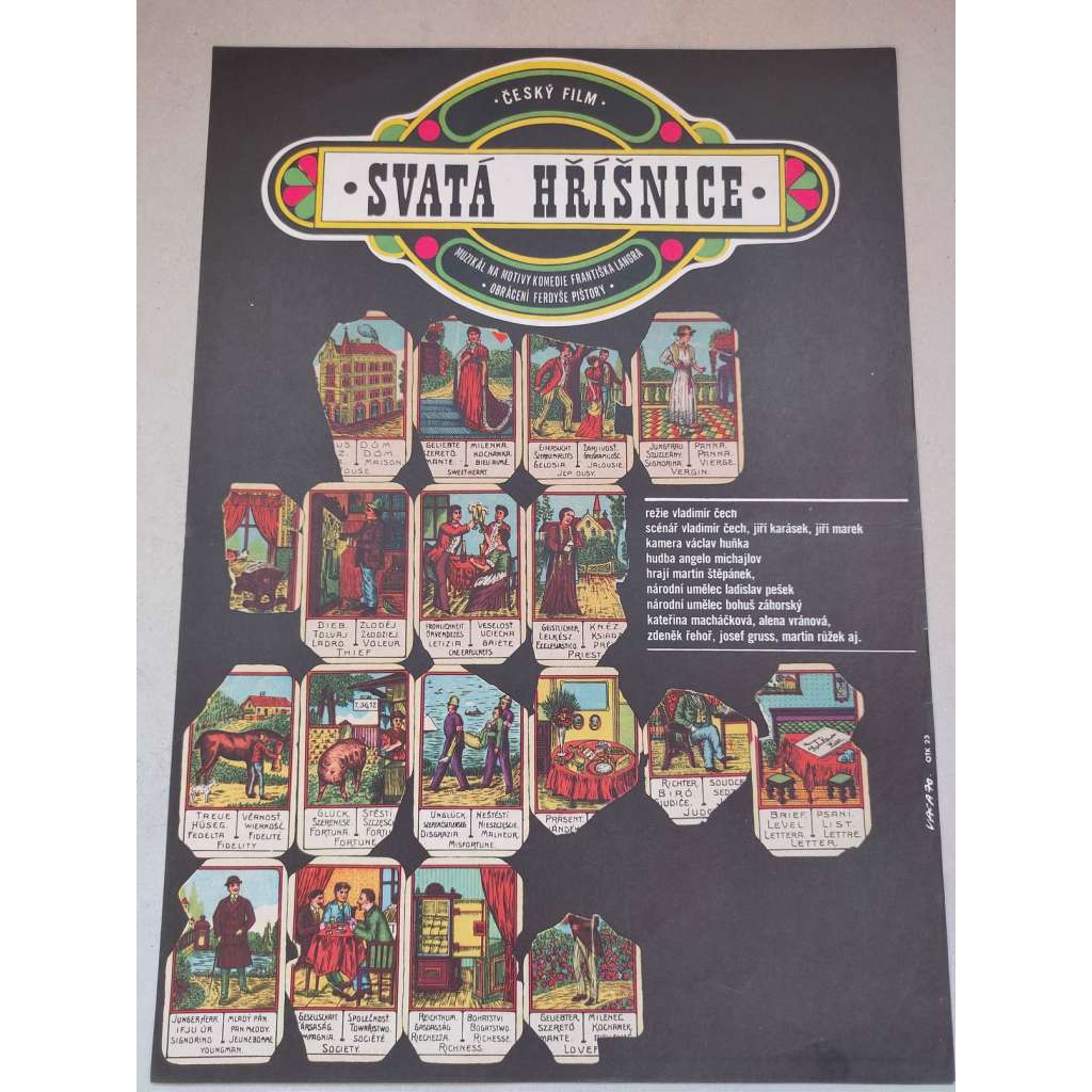 Svatá hříšnice (filmový plakát, film ČSSR 1970, režie: Vladimír Čech; Hrají: Martin Štěpánek, Bohuš Záhorský, Ladislav Pešek)