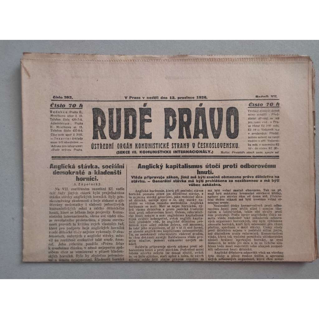 Rudé právo (12.12.1926) - ročník VII. - staré noviny - Ústřední orgán KSČ [komunisté, komunismus]