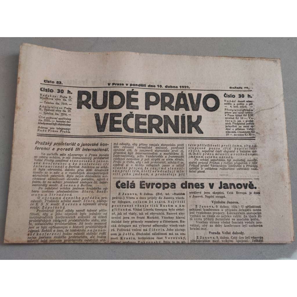 Rudé právo Večerník (10.4.1922) - ročník III. - staré noviny - [komunisté, komunismus]