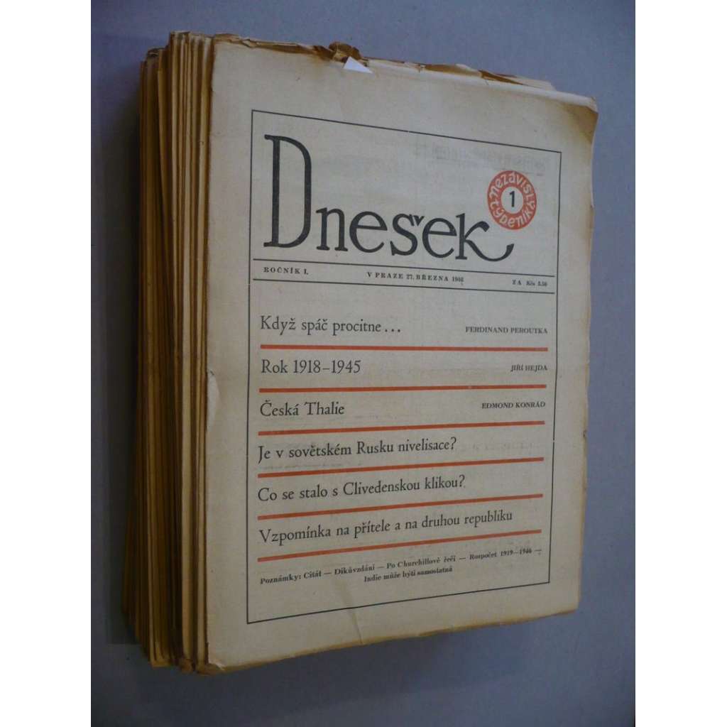 Dnešek, komplet r. I./1946-47, sešity [Nezávislý týdeník, pokračování deníku dříve zvaného Přítomnost)