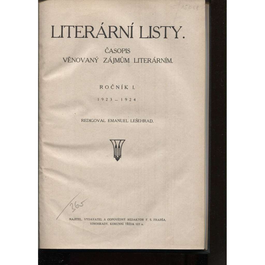 Literární listy. Časopis věnovaný zájmům literárním, ročník I., čísla 1.-10./1923-1924