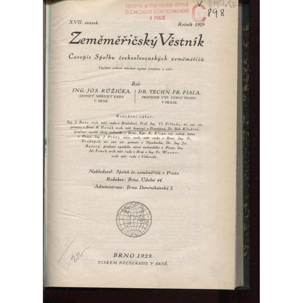 Zeměměřičský věstník. 1929. Časopis Spolku československých zeměměřičů