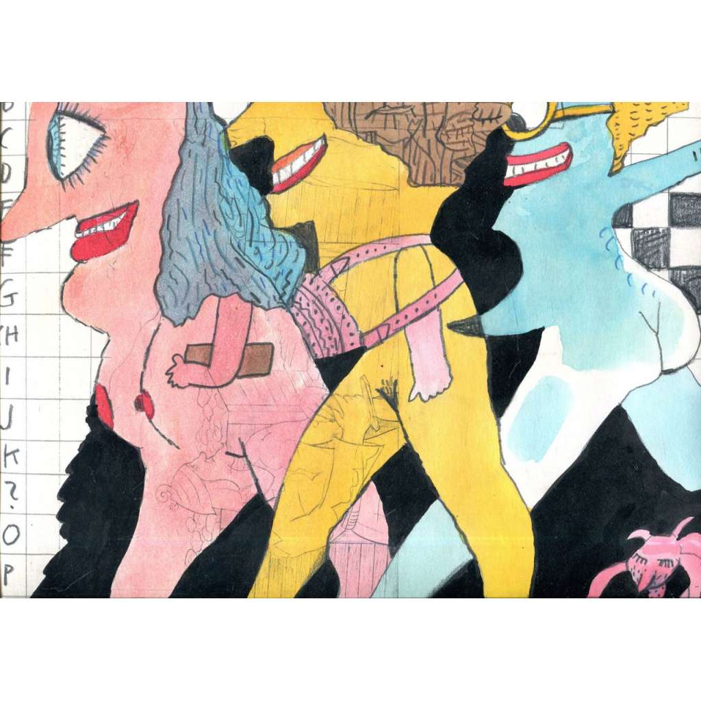 Veselé prostitutky a unavený čert (kolorovaná kresba tužkou) Petr Poš